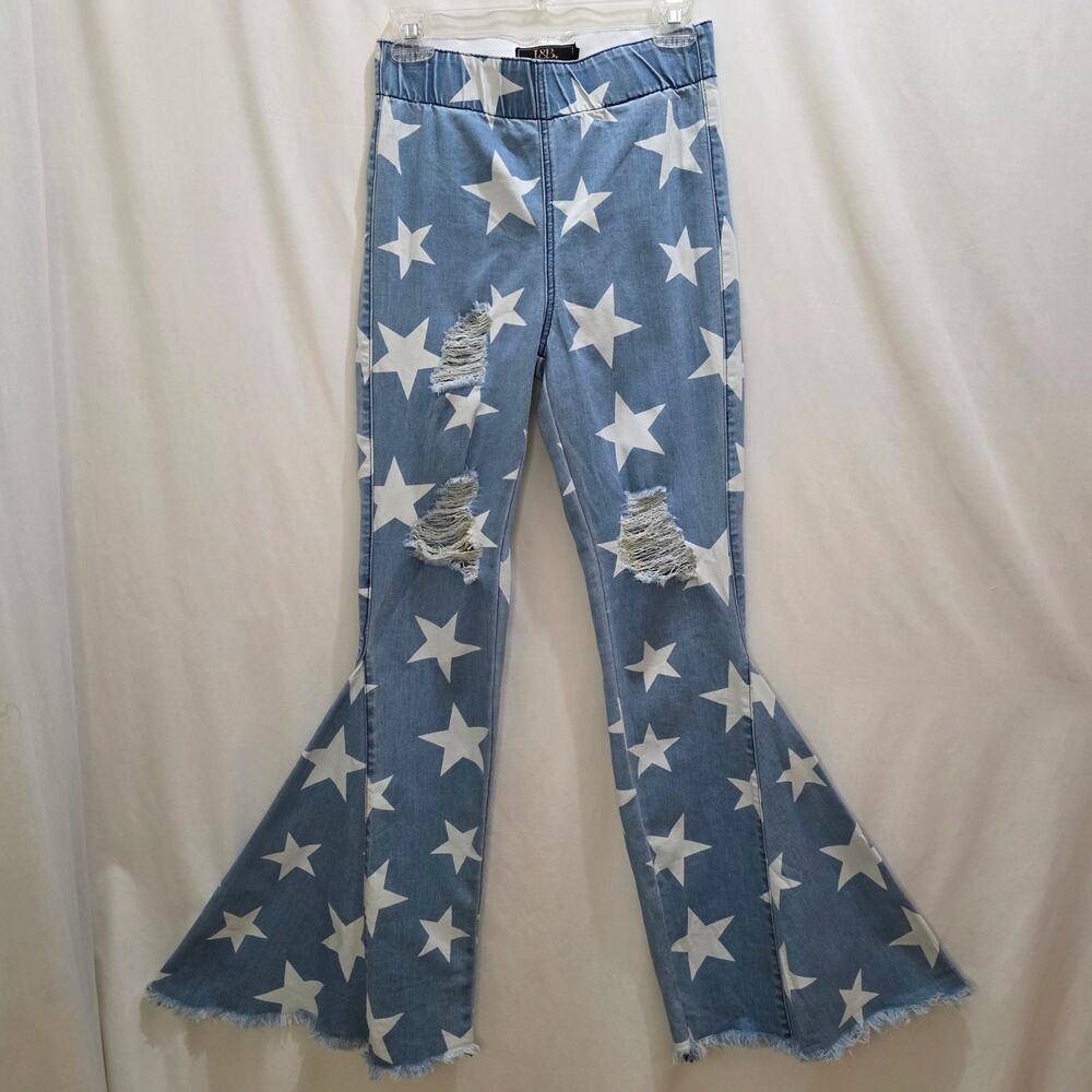 L&B Lucky and Blessed Retro Boho American Stars Pull-on Wide Leg Flare Jeans, SM - Picture 2 of 10